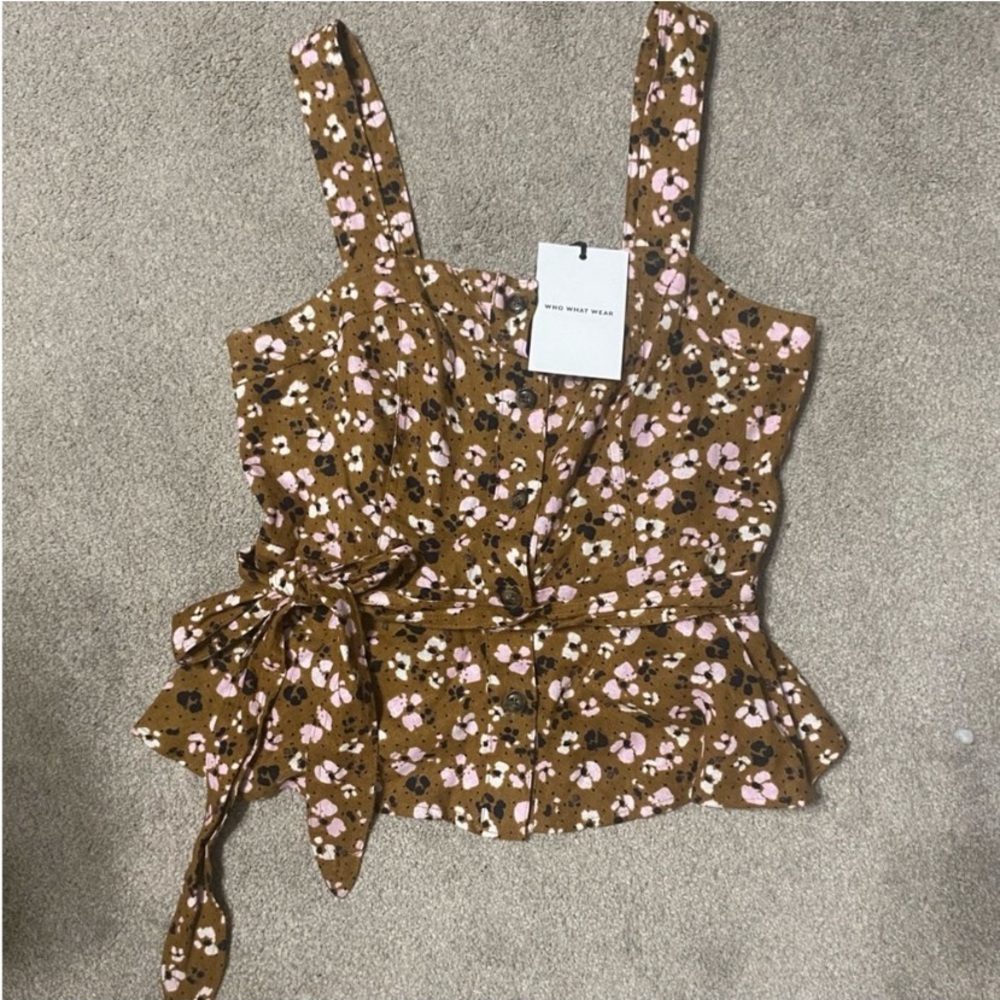 Who What Wear Brown Floral Linen Blend Tank Top Size M